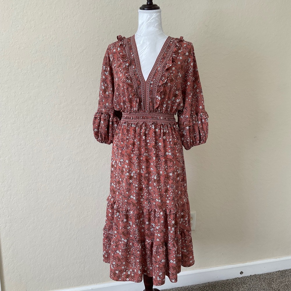 Max Studio Womens Midi Dress Rust Floral V-Neck Smocked Waist Tiered Size M